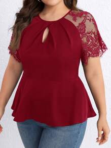 SHEIN Privé 大碼蕾絲拼接鎖眼領荷葉邊下擺襯衫 - 酒紅色 - 查看 3