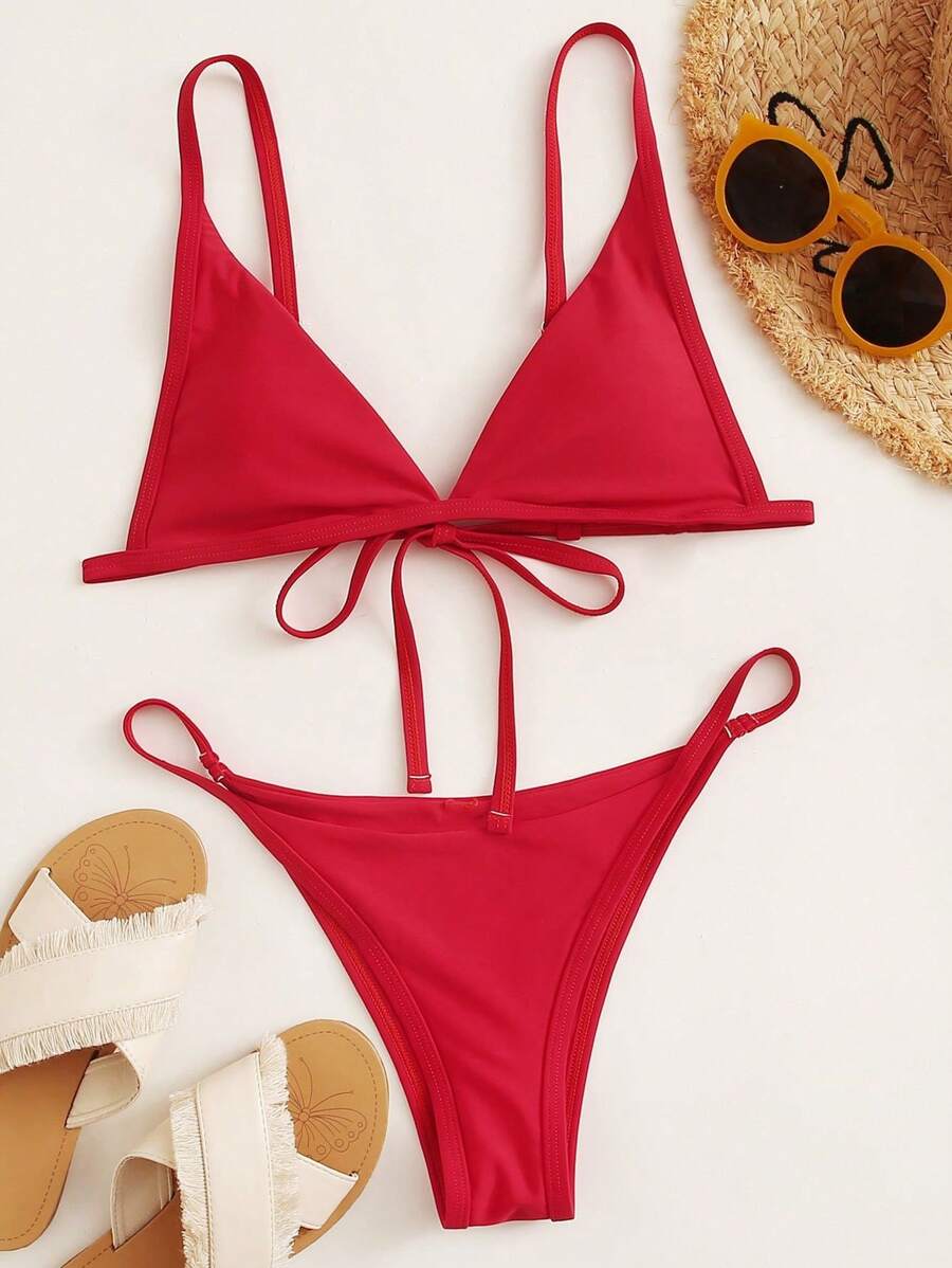 Solid Triangle Thong Bikini Set For Summer Beach - Red - View 1