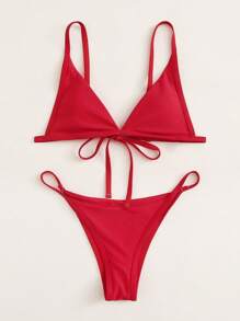 Solid Triangle Thong Bikini Set For Summer Beach - Red - View 3
