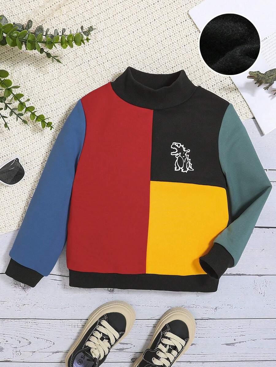 Suéter de cuello alto con estampado de dinosaurio de bloque de color de estilo callejero de corte holgado informal para niños jóvenes para el calor, el otoño y el invierno - Multicolor - Ver 1