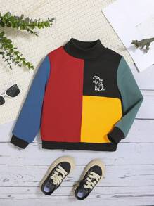 Suéter de cuello alto con estampado de dinosaurio de bloque de color de estilo callejero de corte holgado informal para niños jóvenes para el calor, el otoño y el invierno - Multicolor - Ver 5