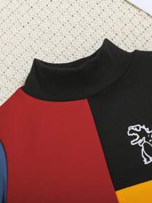 Suéter de cuello alto con estampado de dinosaurio de bloque de color de estilo callejero de corte holgado informal para niños jóvenes para el calor, el otoño y el invierno - Multicolor - Ver 6