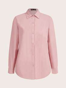 SHEIN BIZwear 棉质纯色纽扣前襟衬衫工作服长袖 - 淺粉色 - 查看 9