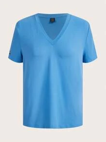 BizChic Thêu Khẩu hiệu Cổ chữ V Áo thun Trang phục làm việc - Màu xanh lam - Xem 8