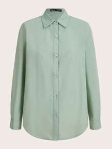BizChic Áo sơ mi công sở tay dài viền cong cotton trơn - Màu xanh Bạc hà - Xem 9