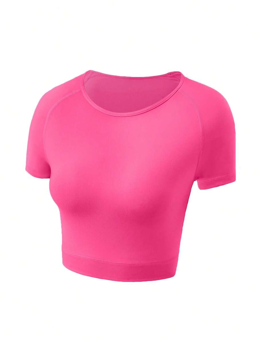 SHEIN Sports 纯色圆领无缝拇指孔长袖运动 T 恤健身背心 - 玫紅色 - 查看 1
