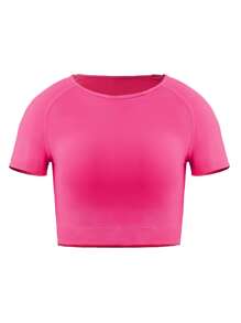 SHEIN Sports 纯色圆领无缝拇指孔长袖运动 T 恤健身背心 - 玫紅色 - 查看 5