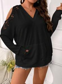 SHEIN LUNE Áo sweatshirt trễ vai phối ren tương phản cỡ lớn - màu đen - Xem 3