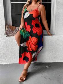 SHEIN Holidaya Plus Floral Print Curved Hem Cami Dress - Multicolor - View 3