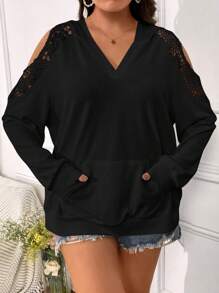 SHEIN LUNE Áo sweatshirt trễ vai phối ren tương phản cỡ lớn - màu đen - Xem 5