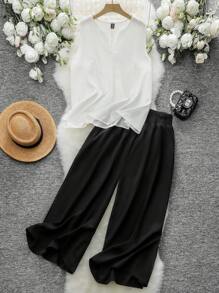 SHEIN LUNE 大碼素色闊腿七分褲 - 黑色 - 查看 4