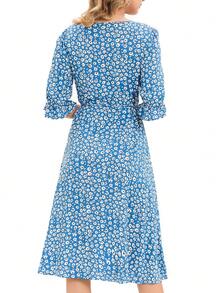 Ditsy Floral Print Flounce Sleeve Knot Side Wrap Dress