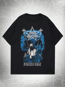 ROMWE MEN Goth 男士棉人物和字母圖案T恤 - 黑色 - 查看 1