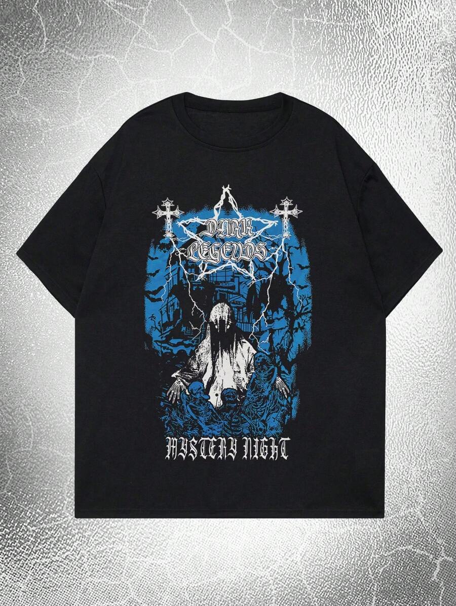 ROMWE MEN Goth 男士棉人物和字母圖案T恤 - 黑色 - 查看 1