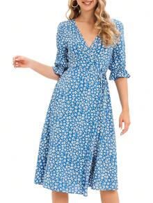 Ditsy Floral Print Flounce Sleeve Knot Side Wrap Dress