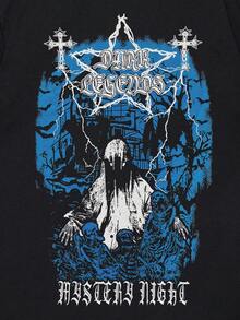 ROMWE MEN Goth 男士棉人物和字母圖案T恤 - 黑色 - 查看 4