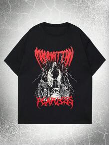 ROMWE MEN Goth 男士棉骷髏和字母圖案T恤 - 黑色 - 查看 1