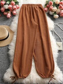 大碼抽繩下擺長褲 - 棕色 - 查看 2