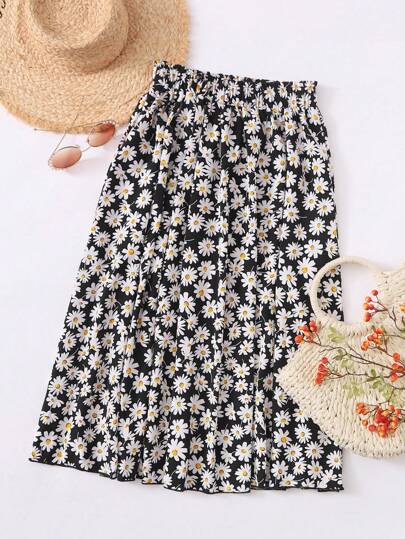 Falda amplia media floral de margarita