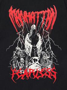 ROMWE MEN Goth 男士棉骷髏和字母圖案T恤 - 黑色 - 查看 3