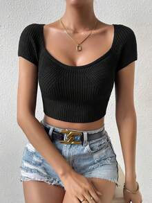 SHEIN Privé Áo dệt kim nữ Gân đan màu trơn Giải trí - màu đen - Xem 4