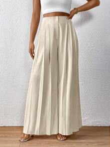 SHEIN Privé 高腰百褶闊腿褲 - 杏色 - 查看 1