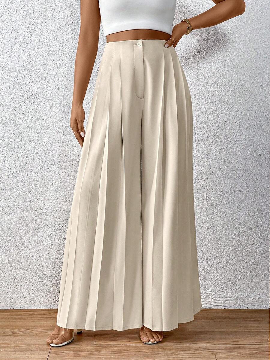 SHEIN Privé 高腰百褶闊腿褲 - 杏色 - 查看 1