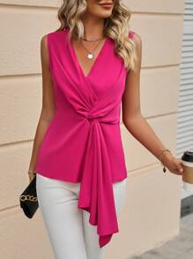 SHEIN Clasi 素色前扭結無袖襯衫 - 玫紅色 - 查看 2