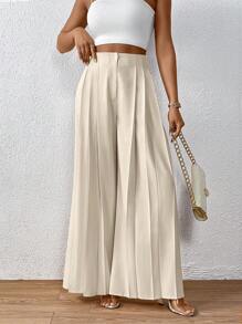 SHEIN Privé 高腰百褶闊腿褲 - 杏色 - 查看 3