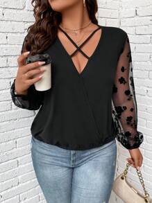 Hơn Tương phản Hoa Lưới Tay áo lồng đèn Mặt trước chéo Áo - màu đen - Xem 1