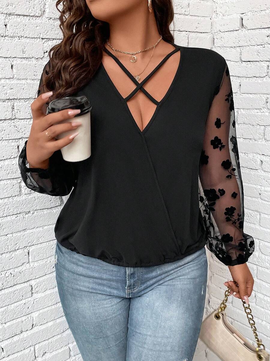 Hơn Tương phản Hoa Lưới Tay áo lồng đèn Mặt trước chéo Áo - màu đen - Xem 1