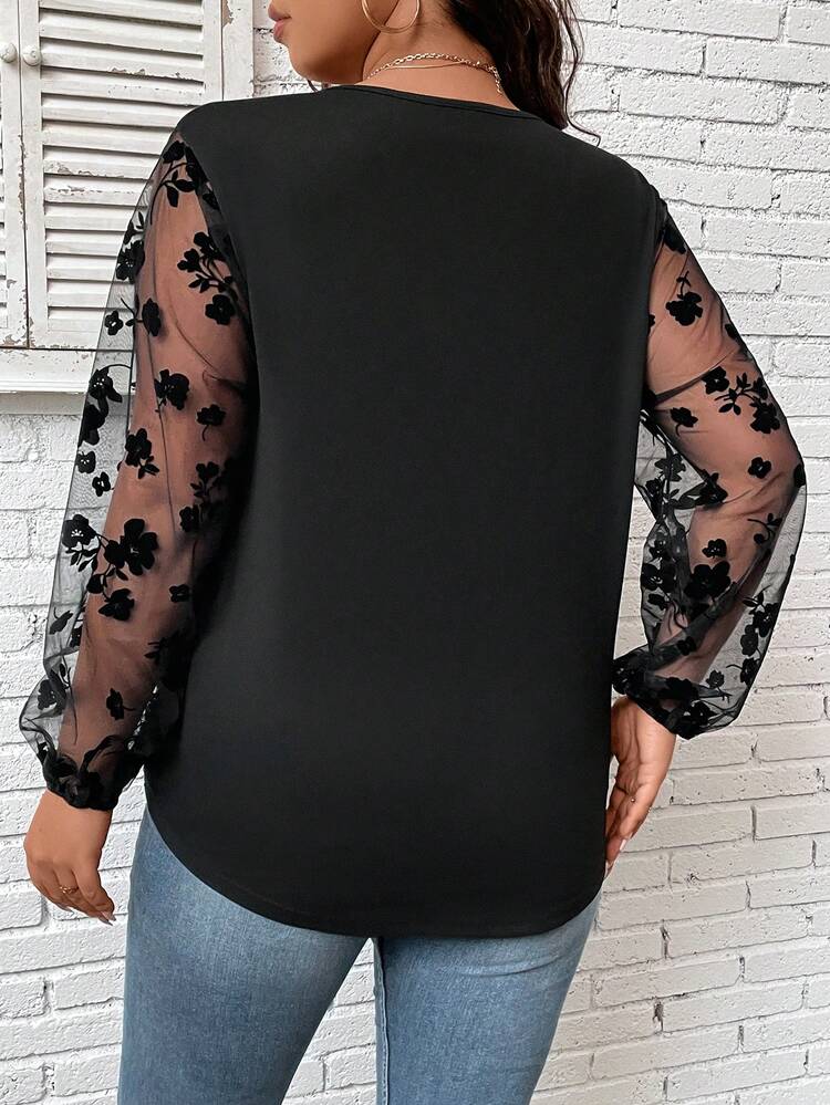 Hơn Tương phản Hoa Lưới Tay áo lồng đèn Mặt trước chéo Áo - màu đen - Xem 2