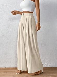 SHEIN Privé 高腰百褶闊腿褲 - 杏色 - 查看 5