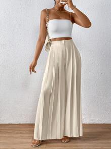 SHEIN Privé 高腰百褶闊腿褲 - 杏色 - 查看 6