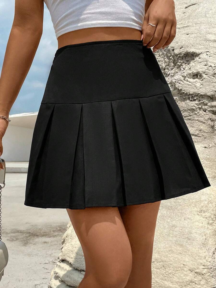 SHEIN Unity Váy nữ Xếp li Dây kéo màu trơn Giải trí - màu đen - Xem 1