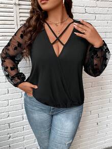 Hơn Tương phản Hoa Lưới Tay áo lồng đèn Mặt trước chéo Áo - màu đen - Xem 4