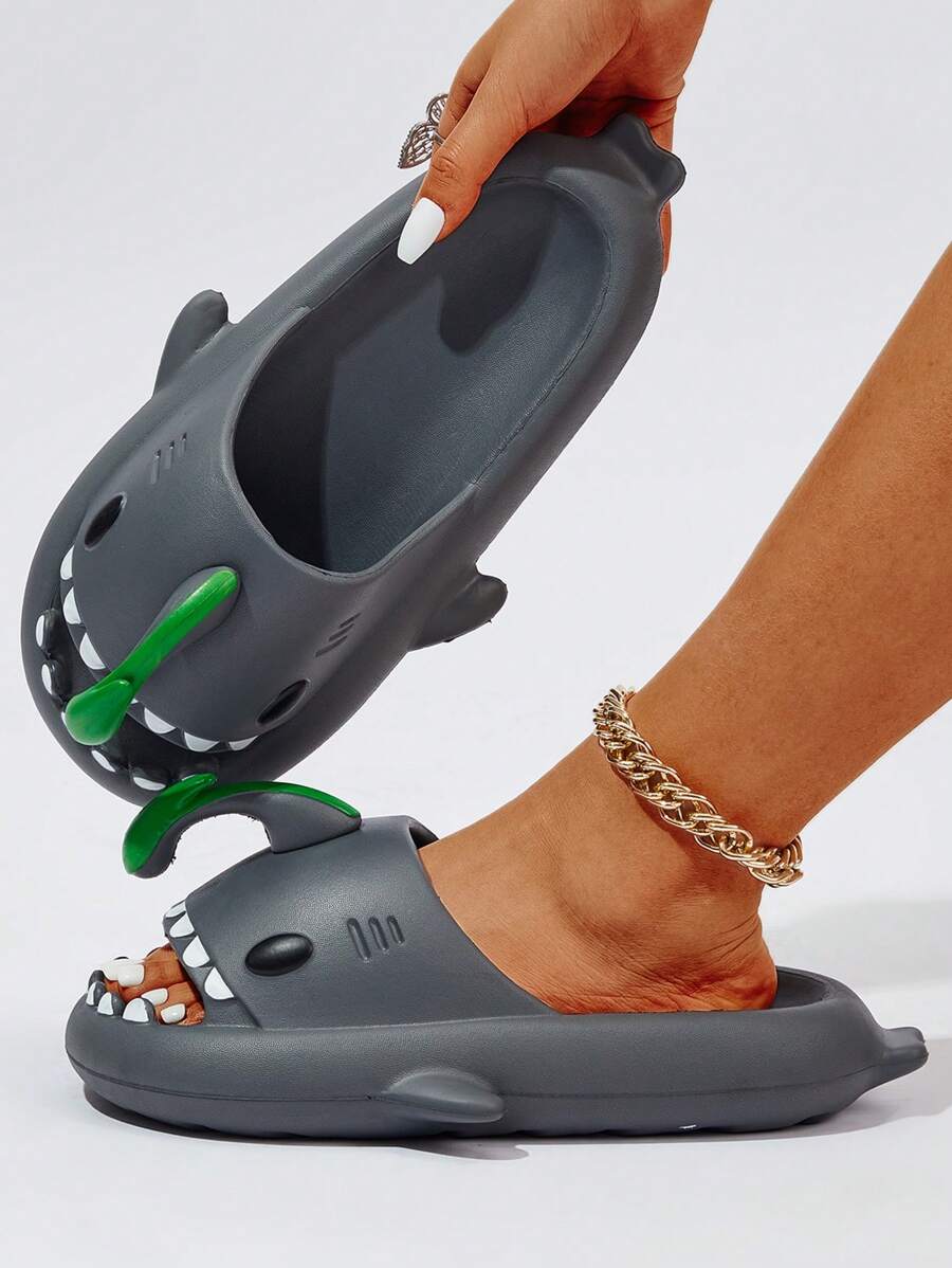 Mujer con diseño de tiburón Chanclas banda única dulce Chanclas - Gris Oscuro - Ver 1