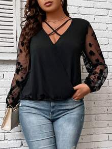 Hơn Tương phản Hoa Lưới Tay áo lồng đèn Mặt trước chéo Áo - màu đen - Xem 5