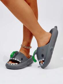 Mujer con diseño de tiburón Chanclas banda única dulce Chanclas - Gris Oscuro - Ver 3