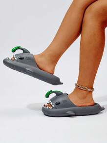 Mujer con diseño de tiburón Chanclas banda única dulce Chanclas - Gris Oscuro - Ver 4