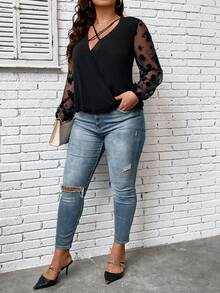 Hơn Tương phản Hoa Lưới Tay áo lồng đèn Mặt trước chéo Áo - màu đen - Xem 6