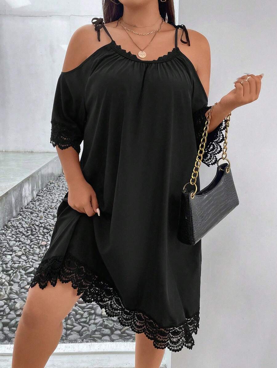 SHEIN LUNE Đầm Plus Size Tương phản ren Thắt nút màu trơn Giải trí - màu đen - Xem 1