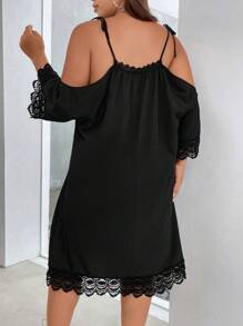 SHEIN LUNE Đầm Plus Size Tương phản ren Thắt nút màu trơn Giải trí - màu đen - Xem 2