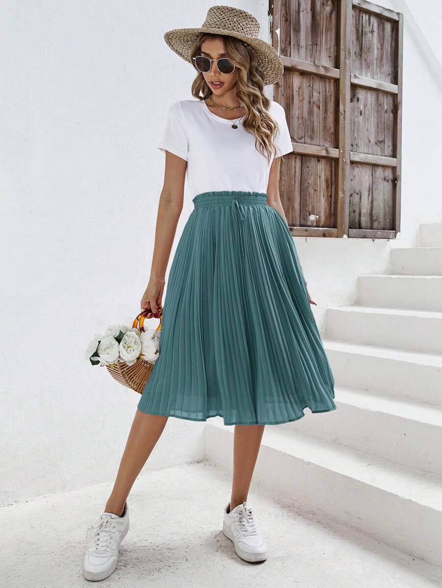 SHEIN Frenchy Váy nữ Thắt nút Quần paper-bag màu trơn Giải trí - Màu xanh bụi bặm - Xem 1