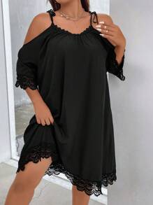 SHEIN LUNE Đầm Plus Size Tương phản ren Thắt nút màu trơn Giải trí - màu đen - Xem 3