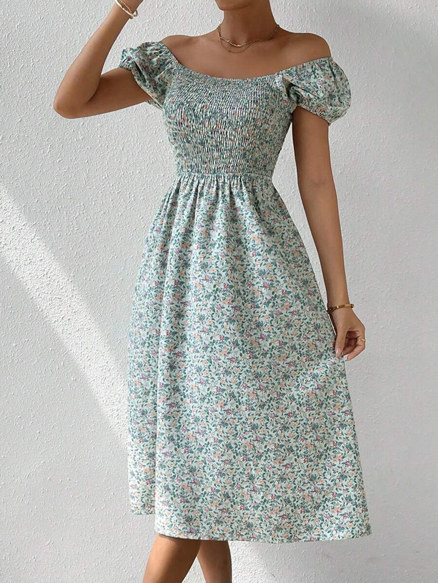 SHEIN Frenchy Ditsy Floral Print Square Neck Puff Sleeve Dress - Mint Green - View 1