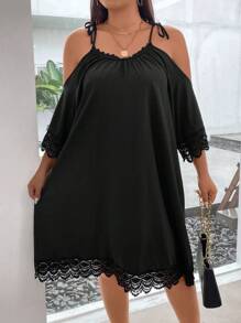 SHEIN LUNE Đầm Plus Size Tương phản ren Thắt nút màu trơn Giải trí - màu đen - Xem 4