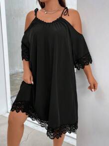 SHEIN LUNE Đầm Plus Size Tương phản ren Thắt nút màu trơn Giải trí - màu đen - Xem 5
