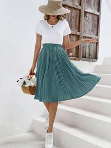 SHEIN Frenchy Váy nữ Thắt nút Quần paper-bag màu trơn Giải trí - Màu xanh bụi bặm - Xem 6