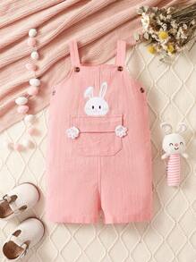 女嬰兔子刺繡翻蓋口袋背帶連體短褲 - 粉色 - 查看 1